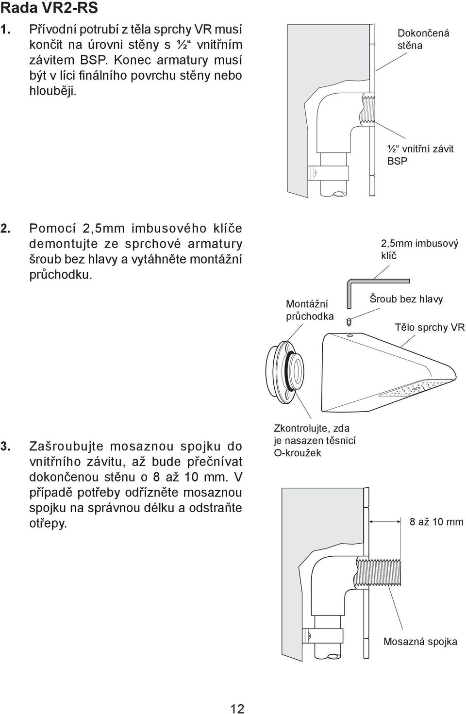 Pomocí 2,5mm imbusového klíče demontujte ze sprchové armatury šroub bez hlavy a vytáhněte montážní průchodku.