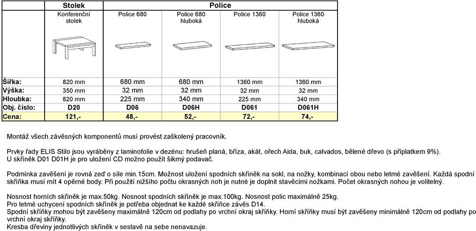 Prvky řady ELIS Stilo jsou vyráběny z laminofolie v dezénu: hrušeň planá, bříza, akát, ořech Aida, buk, calvados, bělené dřevo (s příplatkem 9%).