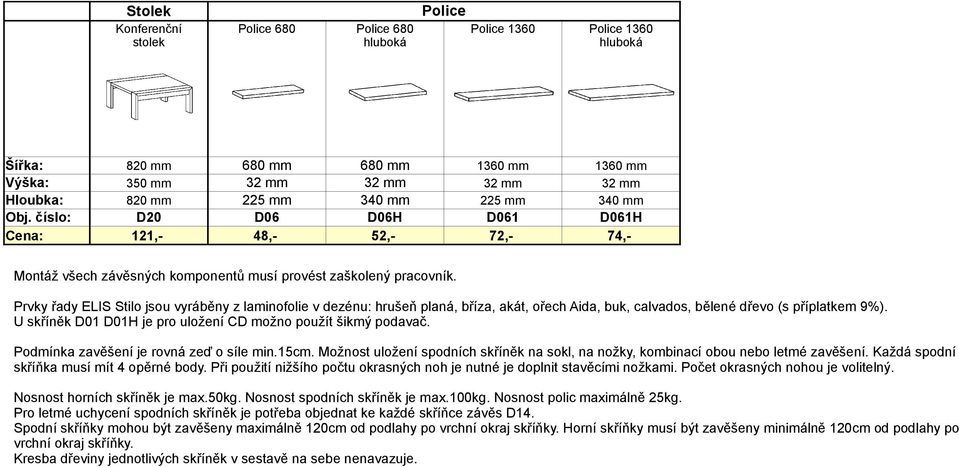 Prvky řady ELIS Stilo jsou vyráběny z laminofolie v dezénu: hrušeň planá, bříza, akát, ořech Aida, buk, calvados, bělené dřevo (s příplatkem 9%).