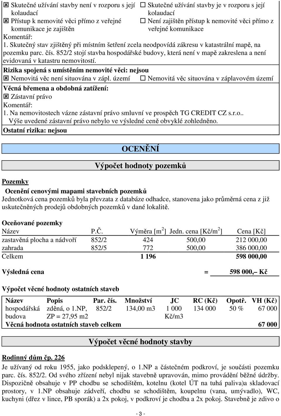 852/2 stojí stavba hospodářské budovy, která není v mapě zakreslena a není evidovaná v katastru nemovitostí. Rizika spojená s umístěním nemovité věci: nejsou Nemovitá věc není situována v zápl.