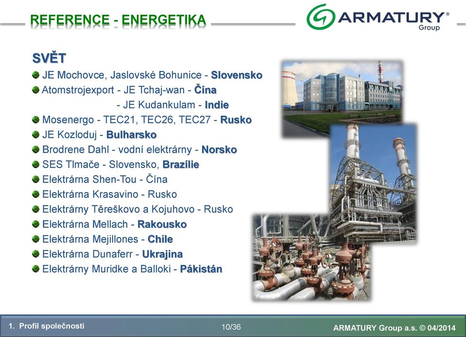 Slovensko, Brazílie Elektrárna Shen-Tou - Čína Elektrárna Krasavino - Rusko Elektrárny Těreškovo a Kojuhovo - Rusko Elektrárna