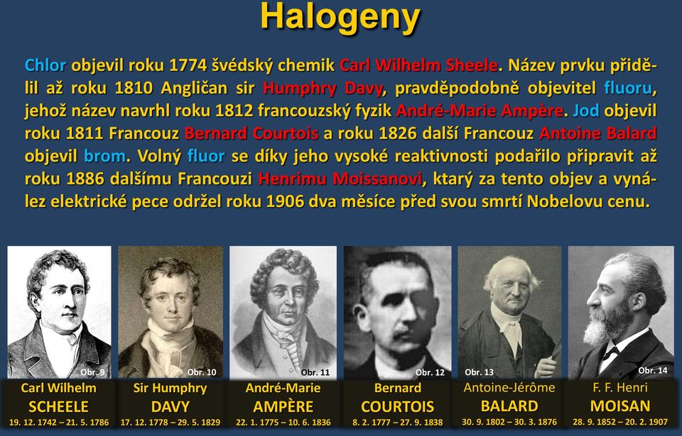 Jod objevil roku 1811 Francouz Bernard Courtois a roku 1826 další Francouz Antoine Balard objevil brom.