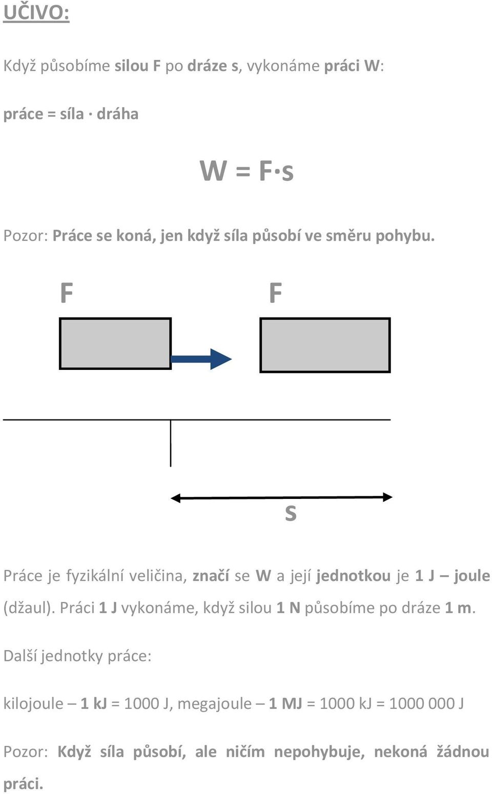 F F s Práce je fyzikální veličina, značí se W a její jednotkou je 1 J joule (džaul).