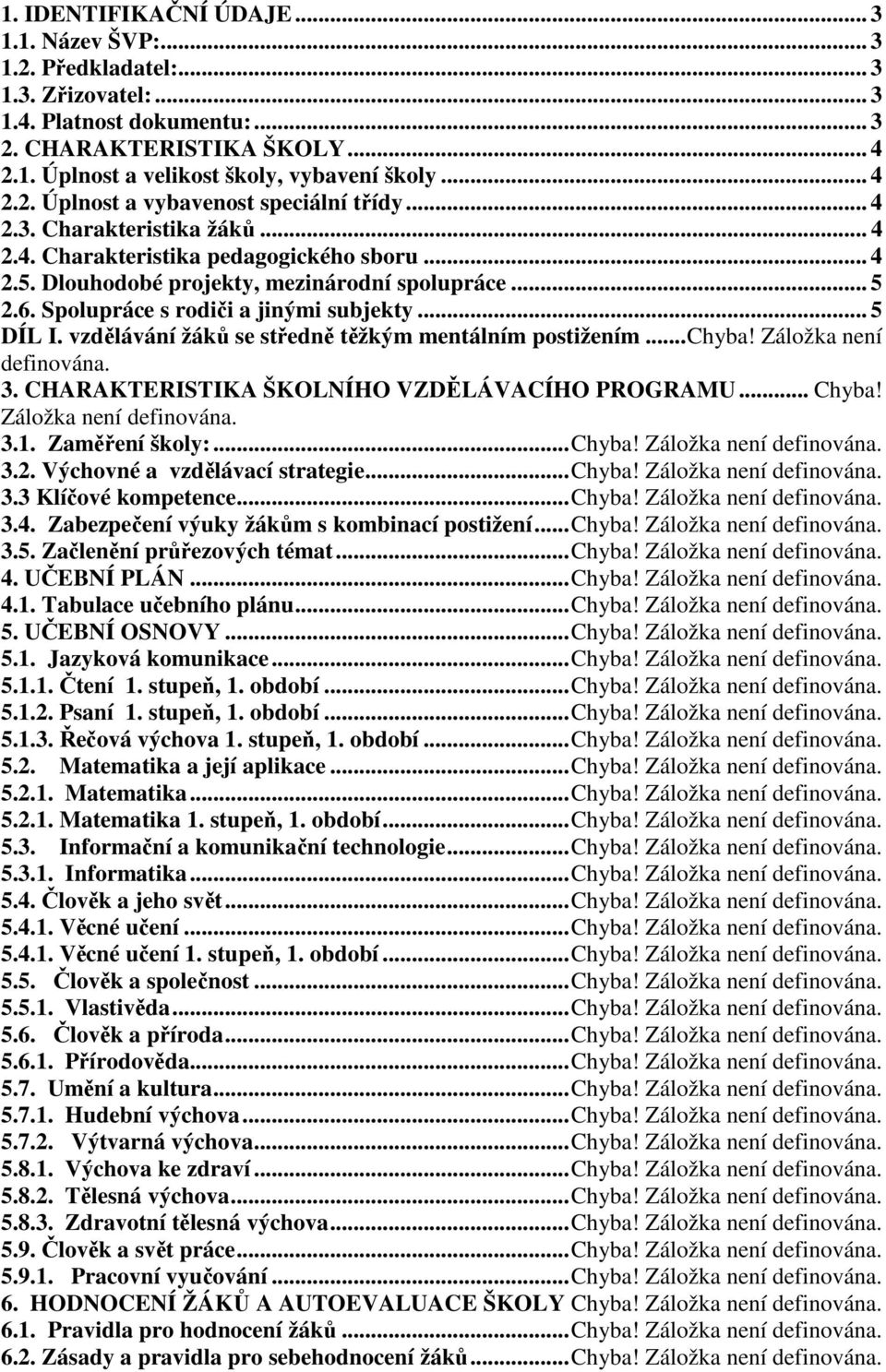 Spolupráce s rodiči a jinými subjekty... 5 DÍL I. vzdělávání žáků se středně těžkým mentálním postižením... Chyba! Záložka není definována. 3. CHARAKTERISTIKA ŠKOLNÍHO VZDĚLÁVACÍHO PROGRAMU... Chyba! Záložka není definována. 3.1.