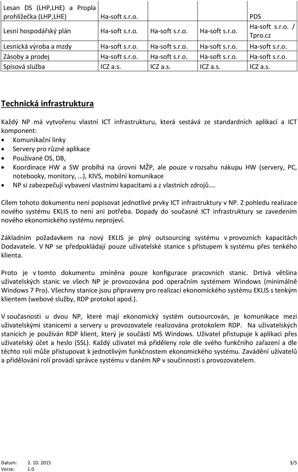 SW probíhá na úrovni MŽP, ale pouze v rozsahu nákupu HW (servery, PC, notebooky, monitory, ), KIVS, mobilní komunikace NP si zabezpečují vybavení vlastními kapacitami a z vlastních zdrojů.