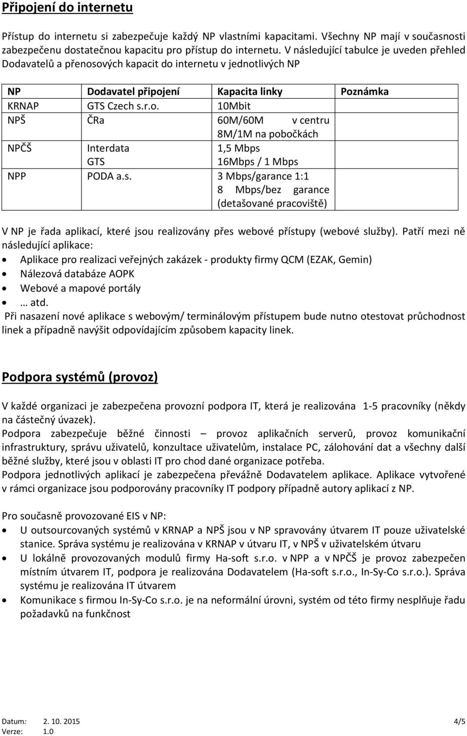 s. 3 Mbps/garance 1:1 8 Mbps/bez garance (detašované pracoviště) V NP je řada aplikací, které jsou realizovány přes webové přístupy (webové služby).