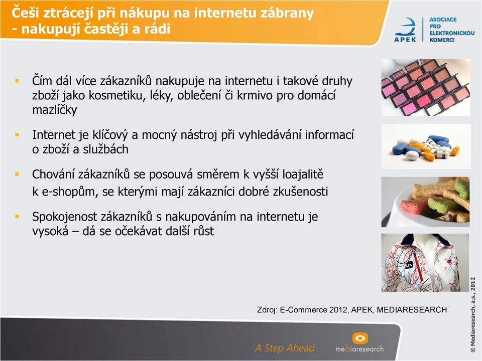 , 2012 Češi ztrácejí při nákupu na internetu zábrany - nakupují častěji a rádi Čím dál více zákazníků nakupuje na internetu i takové