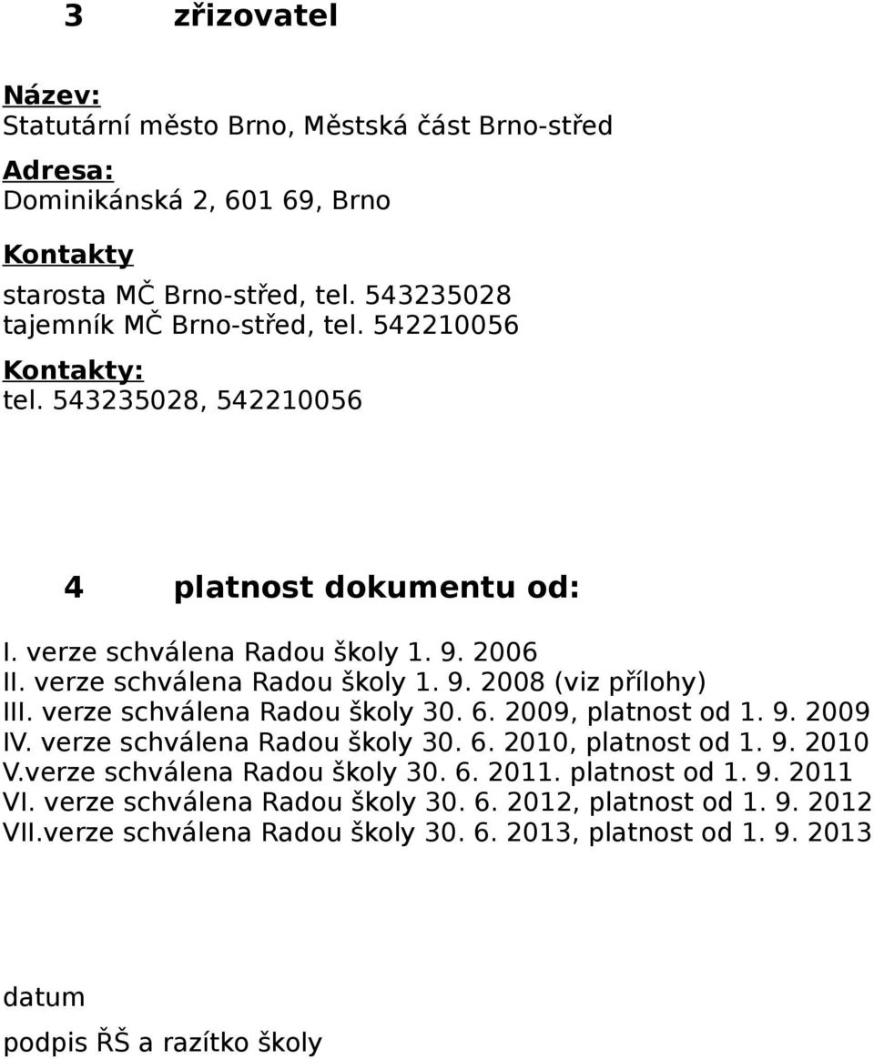 verze schválena Radou školy 30. 6. 2009, platnost od 1. 9. 2009 IV. verze schválena Radou školy 30. 6. 2010, platnost od 1. 9. 2010 V.verze schválena Radou školy 30. 6. 2011.