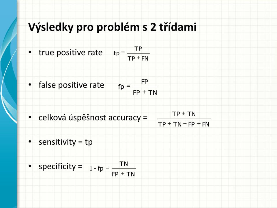 TN celková úspěšnost accuracy = TP TP TN TN FP