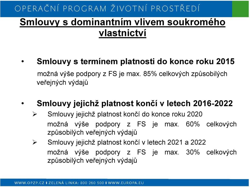 85% celkových způsobilých veřejných výdajů Smlouvy jejichž platnost končí v letech 2016-2022 Smlouvy jejichž platnost