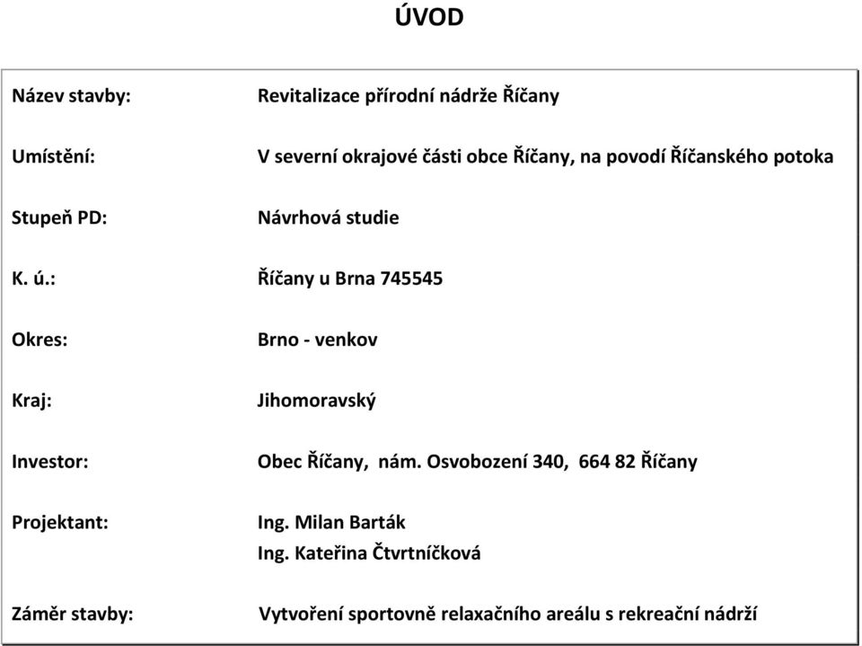 : Říčany u Brna 745545 Okres: Brno - venkov Kraj: Jihomoravský Investor: Obec Říčany, nám.