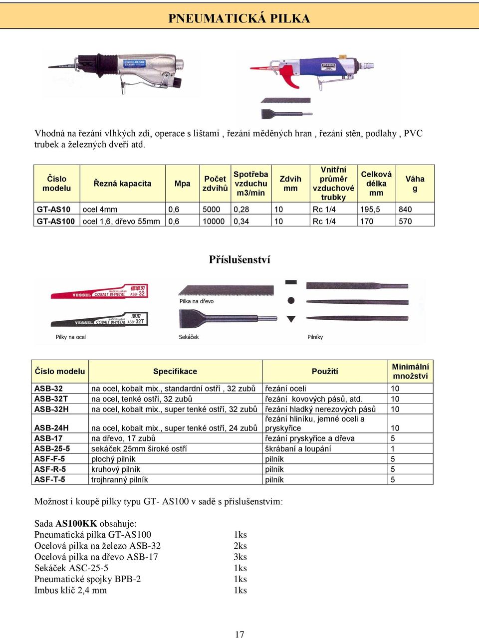 dřevo 55mm 0,6 10000 0,34 10 Rc 1/4 170 570 Váha g Příslušenství Číslo modelu Specifikace Použití ASB-32 na ocel, kobalt mix.