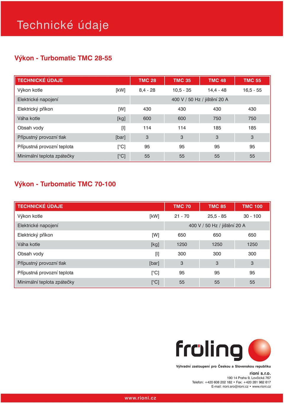 [ C] 55 55 55 55 Výkon - Turbomatic TMC 70-100 TECHNICKÉ ÚDAJE TMC 70 TMC 85 TMC 100 Výkon kotle [kw] 21-70 25,5-85 30-100 Elektrické napojení 400 V / 50 Hz / jištění 20 A Elektrický příkon [W] 650