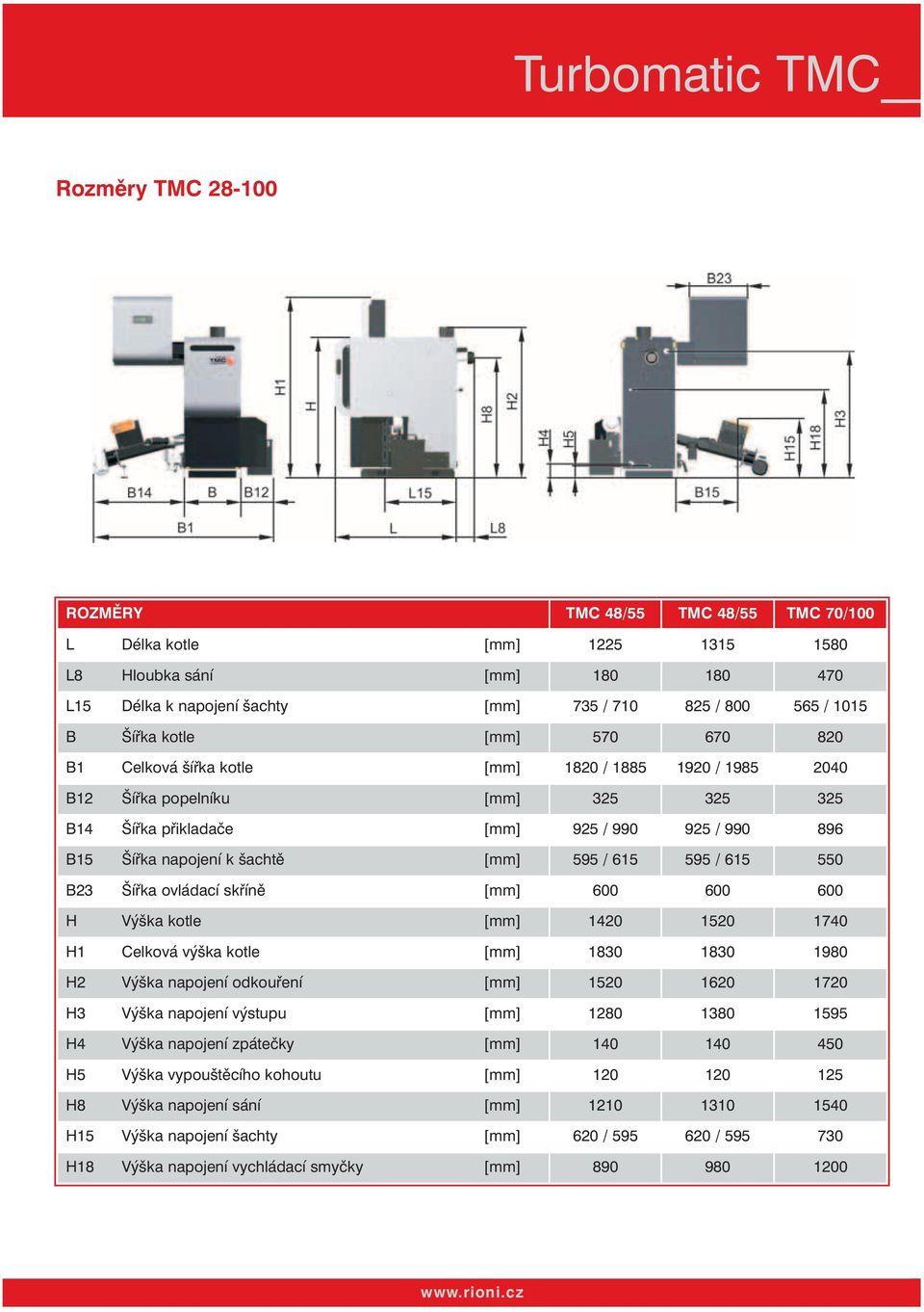 k šachtě [mm] 595 / 615 595 / 615 550 B23 Šířka ovládací skříně [mm] 600 600 600 H Výška kotle [mm] 1420 1520 1740 H1 Celková výška kotle [mm] 1830 1830 1980 H2 Výška napojení odkouření [mm] 1520