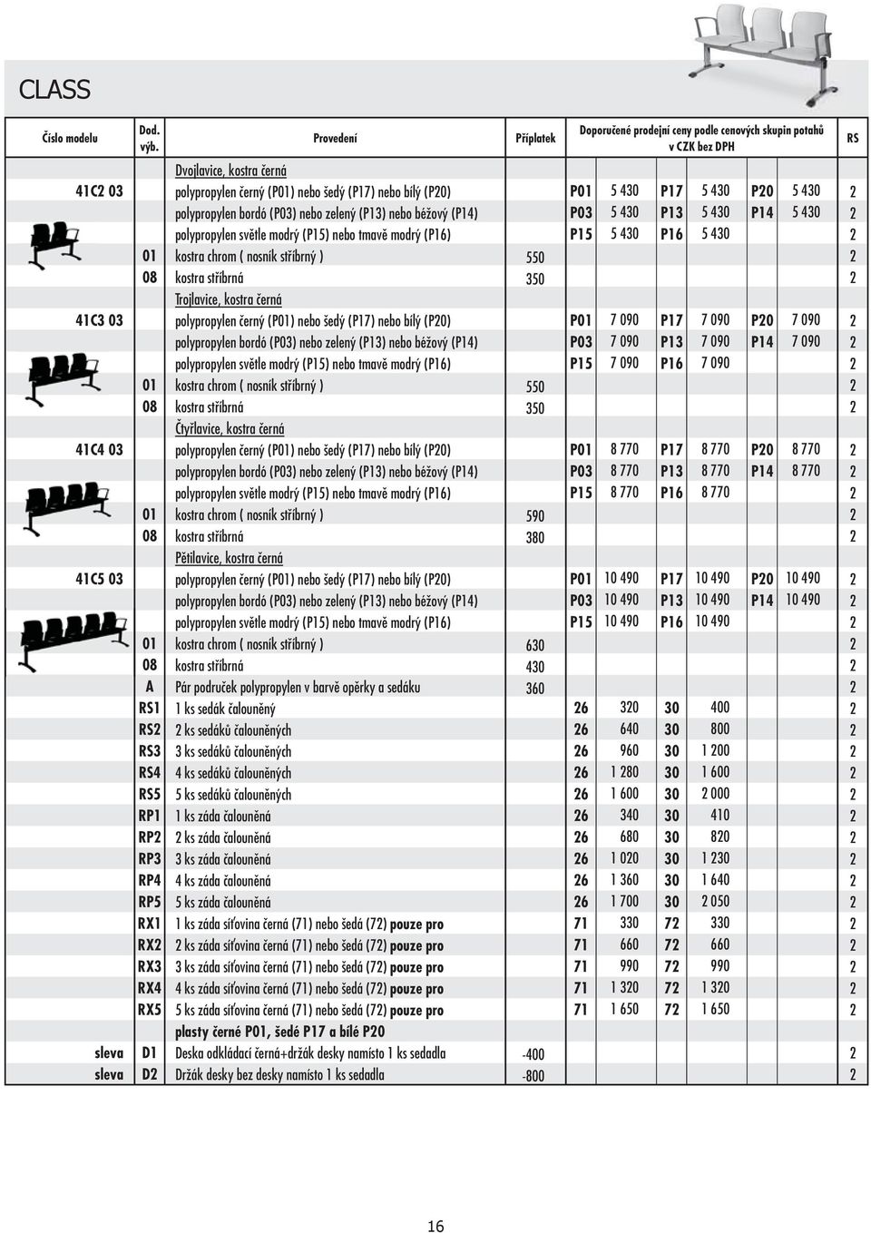 (P17) nebo bílý (P) polypropylen bordó (P) nebo zelený (P1) nebo béžový (P14) polypropylen světle modrý (P15) nebo tmavě modrý (P16) kostra chrom ( nosník stříbrný ) kostra stříbrná Čtyřlavice,