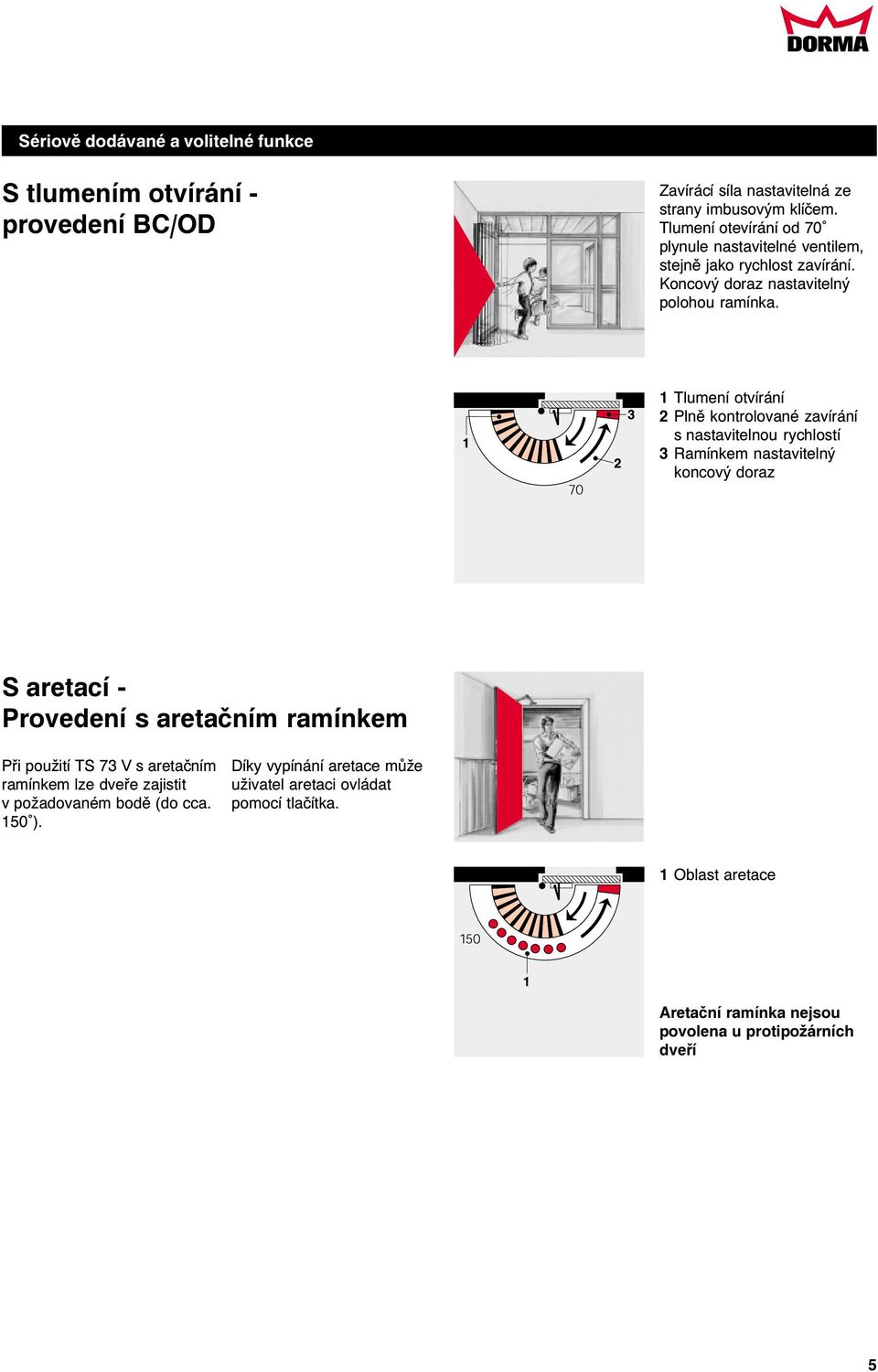 1 Tlumení otvírání 2 Plnì kontrolované zavírání s nastavitelnou rychlostí 3 Ramínkem nastavitelný koncový doraz S aretací - Provedení s aretaèním ramínkem Pøi