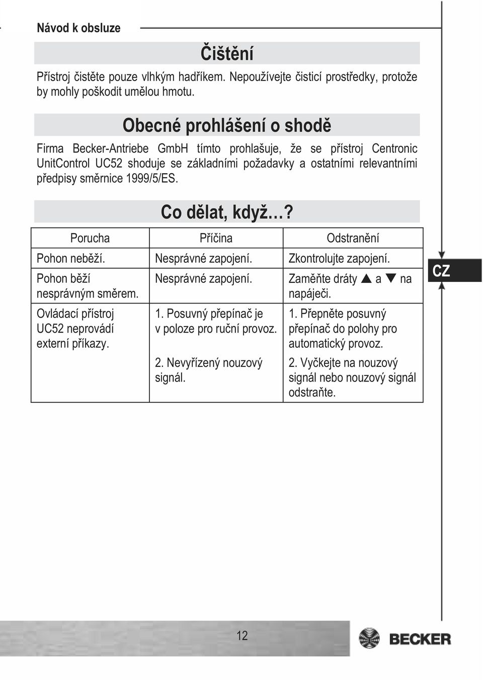 1999/5/ES. Co d lat, když? Porucha P í ina Odstran ní Pohon neb ží. Nesprávné zapojení. Zkontrolujte zapojení. Pohon b ží nesprávným sm rem. Ovládací p ístroj UC52 neprovádí externí p íkazy.