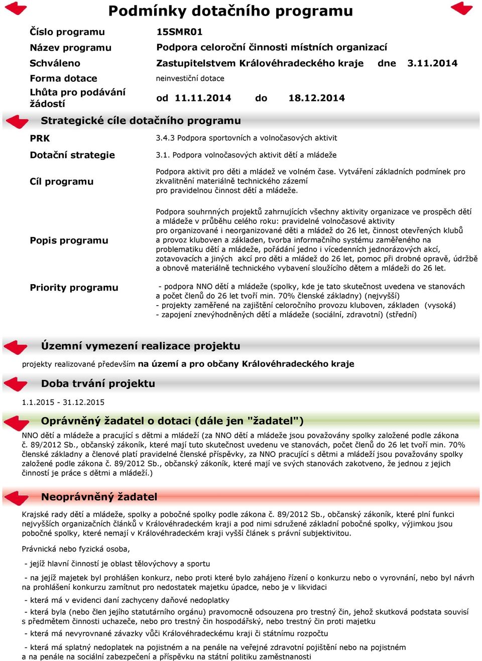 4.3 Podpora sportovních a volnočasových aktivit 3.1. Podpora volnočasových aktivit dětí a mládeže Cíl programu Popis programu Priority programu Podpora aktivit pro děti a mládež ve volném čase.