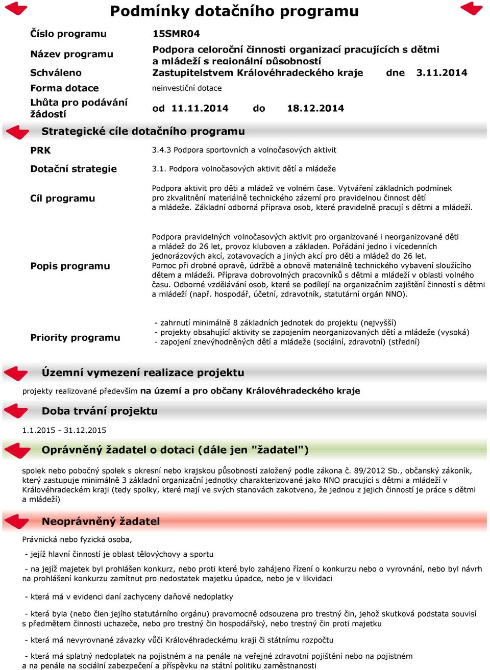 4.3 Podpora sportovních a volnočasových aktivit 3.1. Podpora volnočasových aktivit dětí a mládeže Podpora aktivit pro děti a mládež ve volném čase.