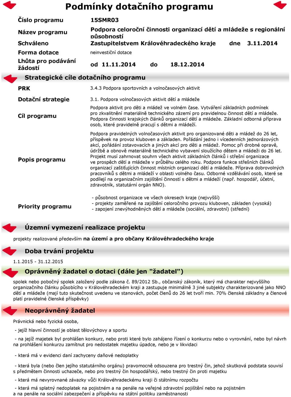 1. Podpora volnočasových aktivit dětí a mládeže Podpora aktivit pro děti a mládež ve volném čase.