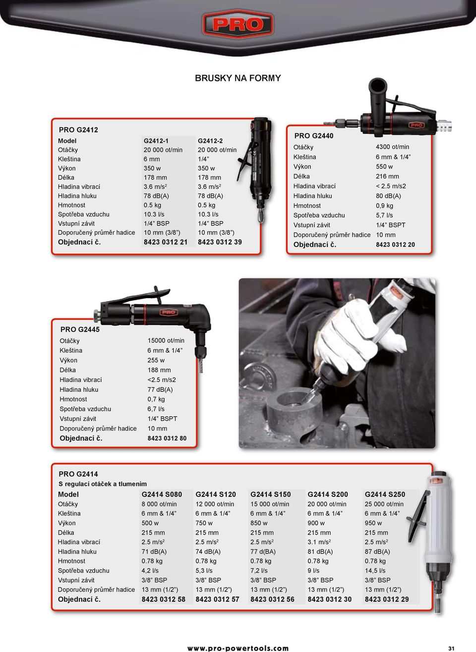 5 m/s2 80 db(a) 0,9 kg Spotřeba vzduchu 5,7 l/s T Doporučený průměr hadice 10 mm 8423 0312 20 PRO G2445 15000 ot/min Kleština 6 mm & 1/4 255 w 188 mm Hladina vibrací <2.