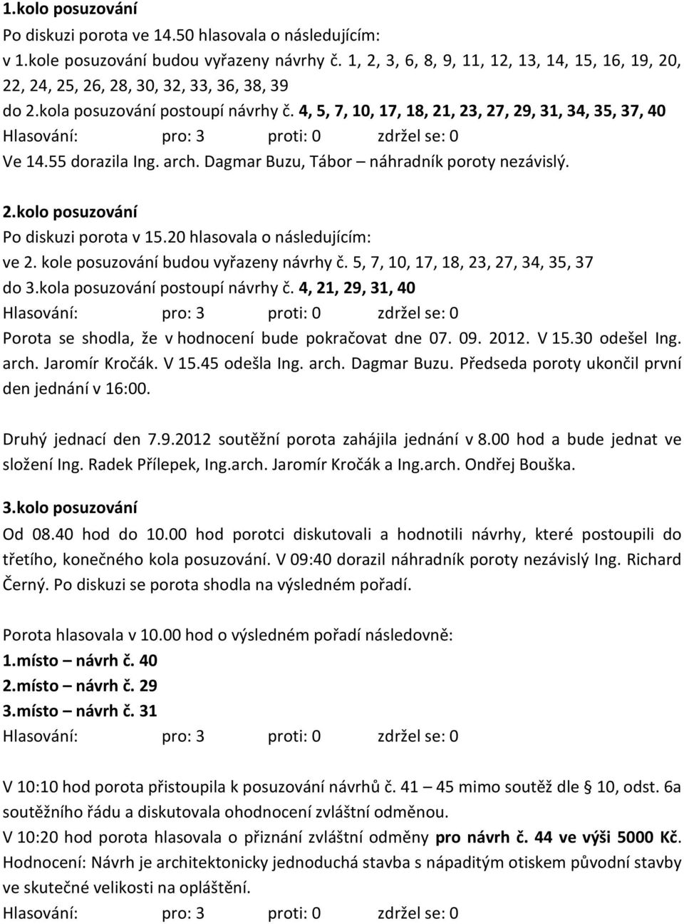 55 dorazila Ing. arch. Dagmar Buzu, Tábor náhradník poroty nezávislý. 2.kolo posuzování Po diskuzi porota v 15.20 hlasovala o následujícím: ve 2. kole posuzování budou vyřazeny návrhy č.