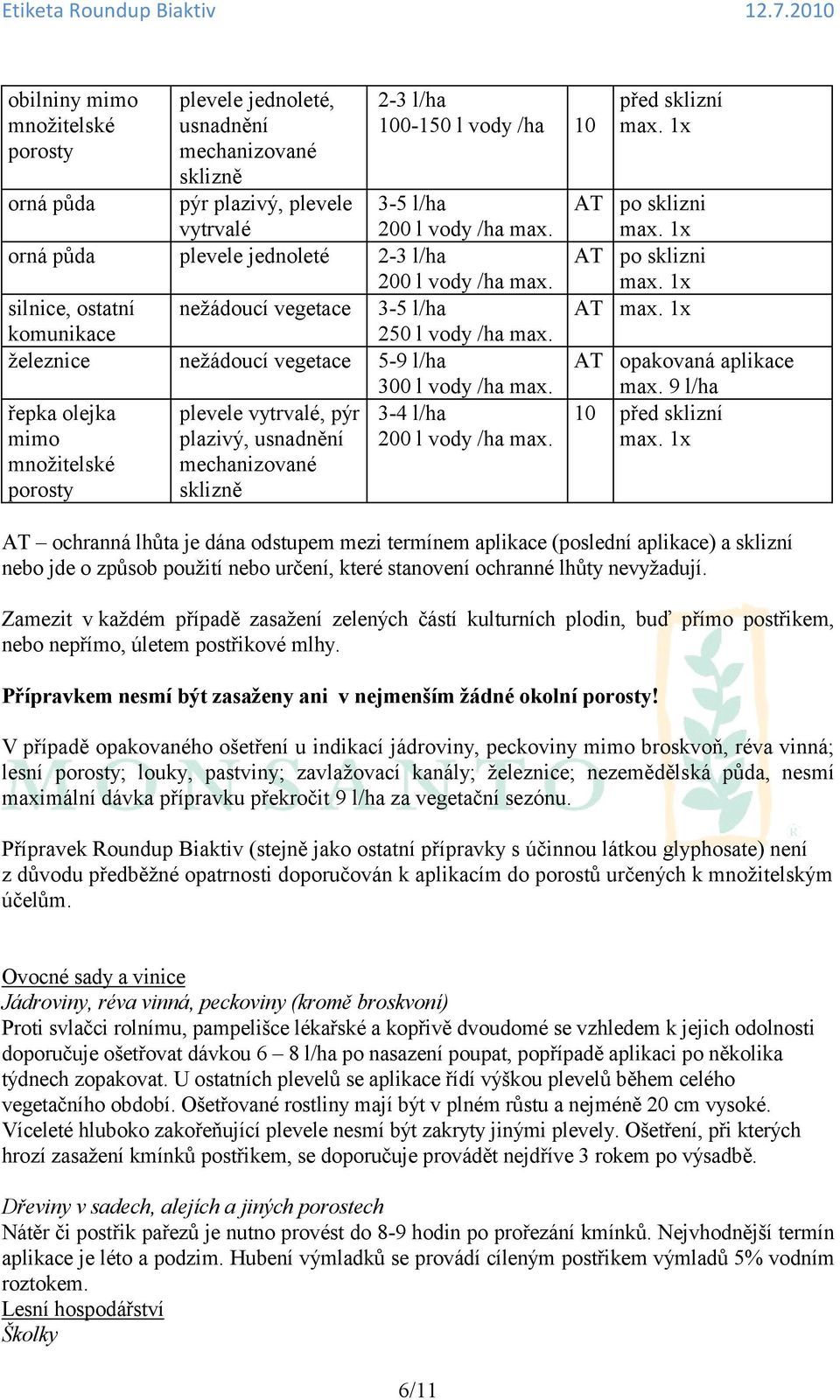 řepka olejka plevele vytrvalé, pýr 3-4 l/ha mimo plazivý, usnadnění množitelské mechanizované porosty sklizně před sklizní AT po sklizni AT po sklizni AT AT opakovaná aplikace 10 před sklizní AT