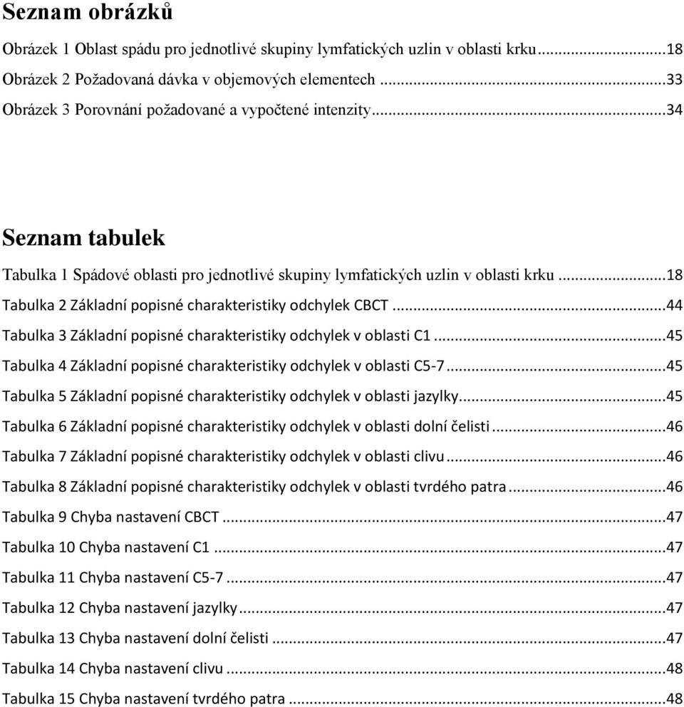 .. 18 Tabulka 2 Základní popisné charakteristiky odchylek CBCT... 44 Tabulka 3 Základní popisné charakteristiky odchylek v oblasti C1.