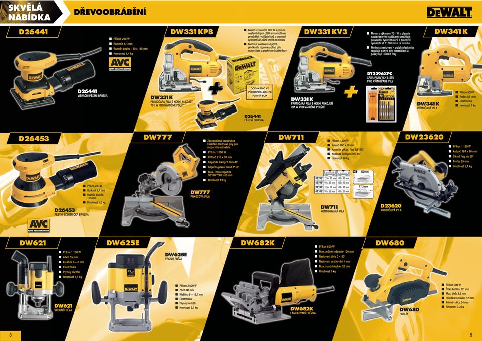 umožňuje provádění rychlých řezů s pracovní rychlostí až 3100 kmitů za minutu Možnost nastavení 4 poloh předkmitu reguluje pohyb pily materiálem a poskytuje hladké řezy DW341K DT2296XPC SADA PILOVÝCH