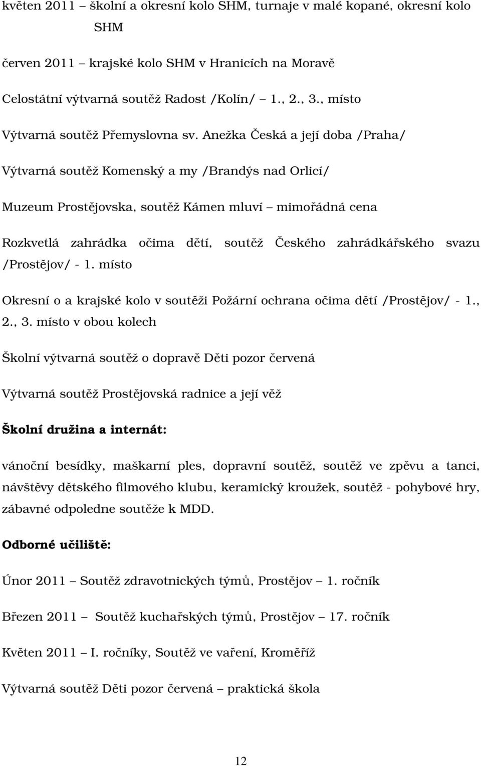 Anežka Česká a její doba /Praha/ Výtvarná soutěž Komenský a my /Brandýs nad Orlicí/ Muzeum Prostějovska, soutěž Kámen mluví mimořádná cena Rozkvetlá zahrádka očima dětí, soutěž Českého zahrádkářského