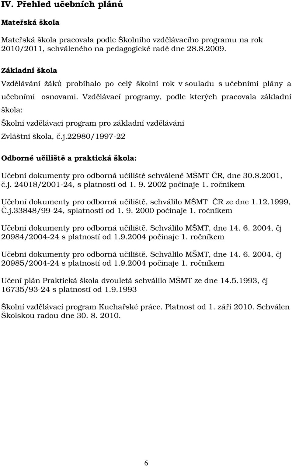 Vzdělávací programy, podle kterých pracovala základní škola: Školní vzdělávací program pro základní vzdělávání Zvláštní škola, č.j.