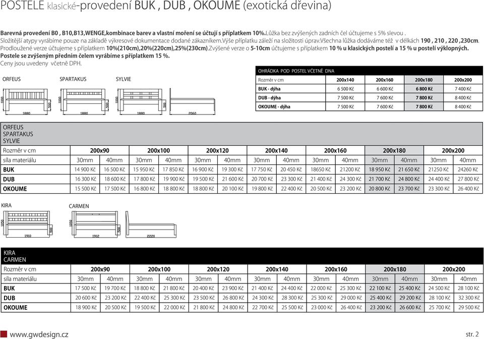 všechna lůžka dodáváme též v délkách 190, 210, 220,230cm. Prodloužené verze účtujeme s příplatkem 10%(210cm),20%(220cm),25%(230cm).