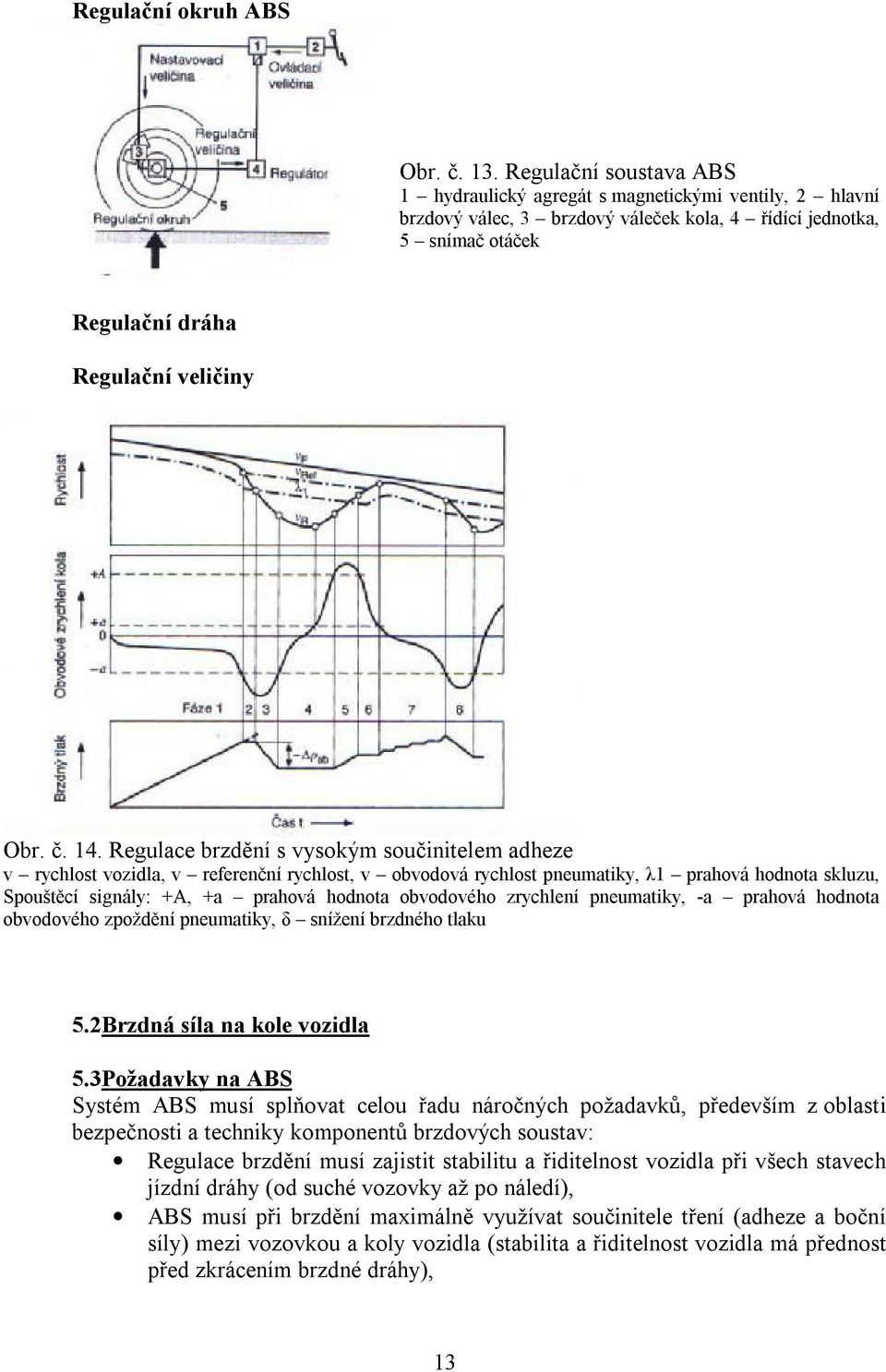 Regulace brzdění s vysokým součinitelem adheze v rychlost vozidla, v referenční rychlost, v obvodová rychlost pneumatiky, λ1 prahová hodnota skluzu, Spouštěcí signály: +A, +a prahová hodnota