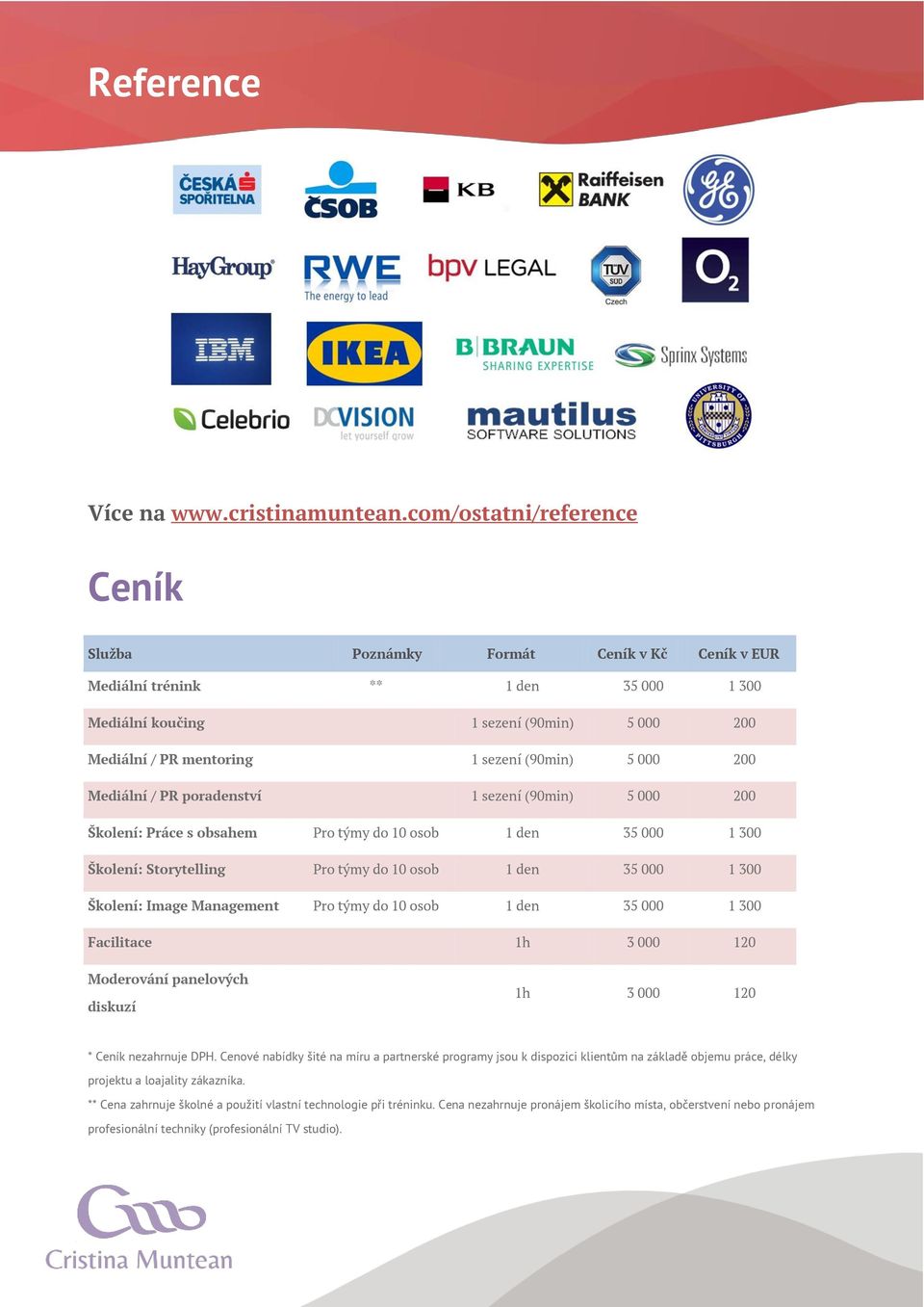 000 200 Mediální / PR poradenství 1 sezení (90min) 5 000 200 Školení: Práce s obsahem Pro týmy do 10 osob 1 den 35 000 1 300 Školení: Storytelling Pro týmy do 10 osob 1 den 35 000 1 300 Školení: