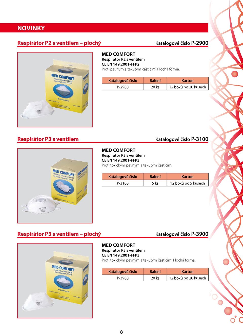 P-2900 20 ks 12 boxů po 20 kusech Respirátor P3 s ventilem Katalogové číslo P-3100 Respirátor P3 s ventilem CE EN 149:2001-FFP3 Proti