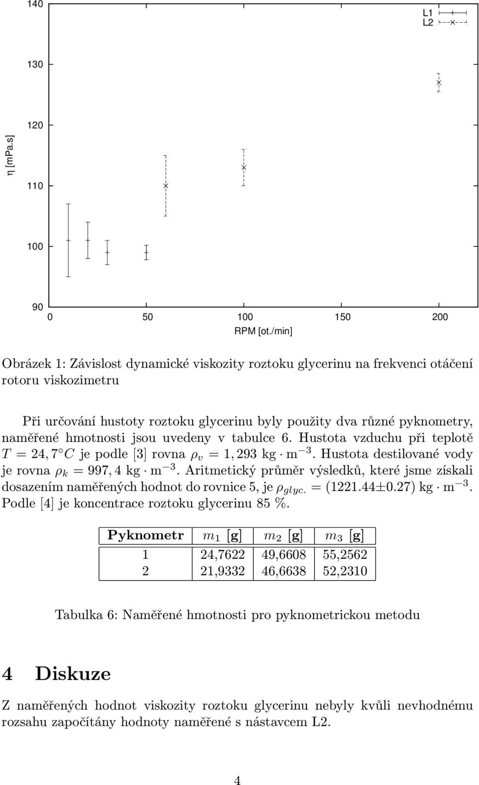 jsou uvedeny v tabulce 6. Hustota vzduchu při teplotě T=24,7 Cjepodle[3]rovna ρ v =1,293kg m 3.Hustotadestilovanévody jerovna ρ k =997,4kg m 3.