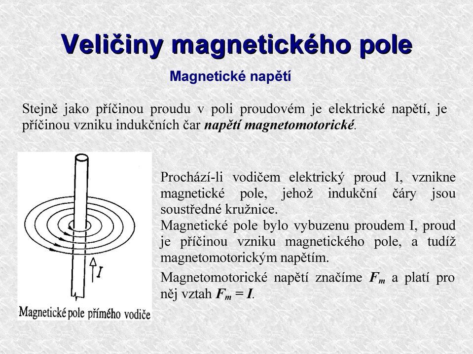 Prochází-li vodičem elektrický proud I, vznikne magnetické pole, jehož indukční čáry jsou soustředné kružnice.