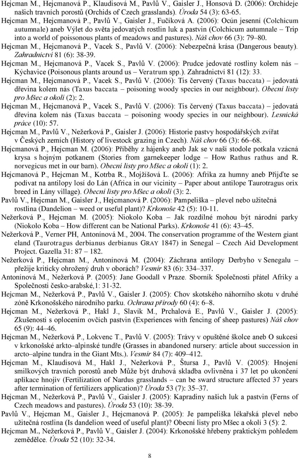 Náš chov 66 (3): 79 80. Hejcman M., Hejcmanová P., Vacek S., Pavlů V. (2006): Nebezpečná krása (Dangerous beauty). Zahradnictví 81 (6): 38-39. Hejcman M., Hejcmanová P., Vacek S., Pavlů V. (2006): Prudce jedovaté rostliny kolem nás Kýchavice (Poisonous plants around us Veratrum spp.