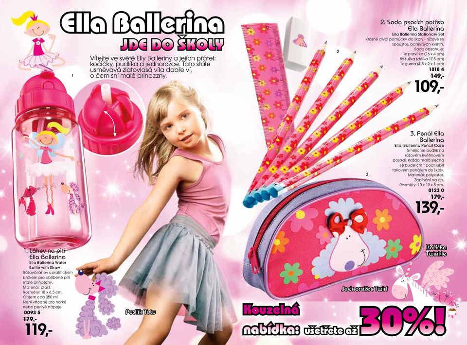 Sada obsahuje: 1x pravítko (16 x 4 cm) 5x tužka (délka 17,5 cm) 1x guma (4,5 x x 1 cm) 1818 4 149,- 3 3. Penál Ella Ballerina Pencil Case Smějící se pudlík na růžovém květinovém pozadí.