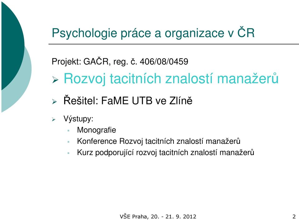 Zlíně Výstupy: Monografie Konference Rozvoj tacitních znalostí