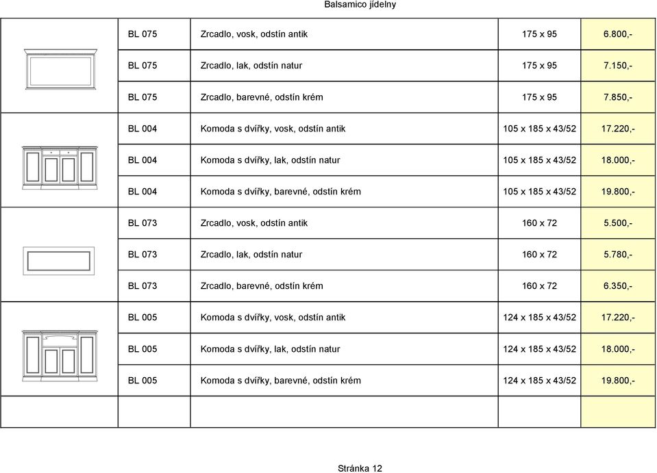000,- BL 004 Komoda s dvířky, barevné, odstín krém 105 x 185 x 43/52 19.800,- BL 073 Zrcadlo, vosk, odstín antik 160 x 72 5.500,- BL 073 Zrcadlo, lak, odstín natur 160 x 72 5.