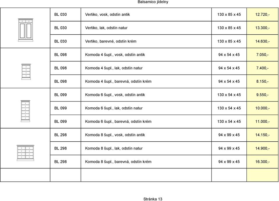 150,- BL 099 Komoda 6 šupl., vosk, odstín antik 130 x 54 x 45 9.550,- BL 099 Komoda 6 šupl., lak, odstín natur 130 x 54 x 45 10.000,- BL 099 Komoda 6 šupl., barevná, odstín krém 130 x 54 x 45 11.