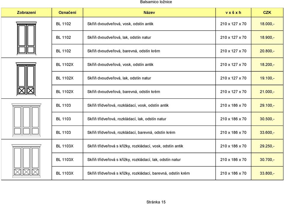 200,- BL 1102X Skříň dvoudveřová, lak, odstín natur 210 x 127 x 70 19.100,- BL 1102X Skříň dvoudveřová, barevná, odstín krém 210 x 127 x 70 21.