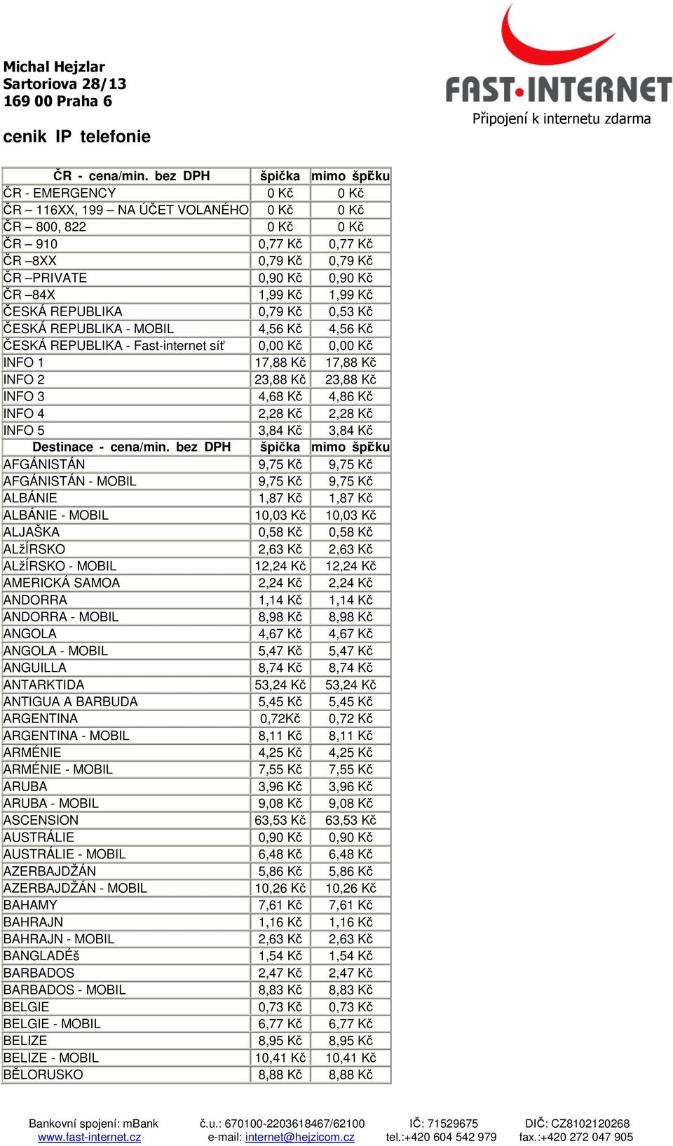 Kč 1,99 Kč ČESKÁ REPUBLIKA 0,79 Kč 0,53 Kč ČESKÁ REPUBLIKA - MOBIL 4,56 Kč 4,56 Kč ČESKÁ REPUBLIKA - Fast-internet síť 0,00 Kč 0,00 Kč INFO 1 17,88 Kč 17,88 Kč INFO 2 23,88 Kč 23,88 Kč INFO 3 4,68 Kč