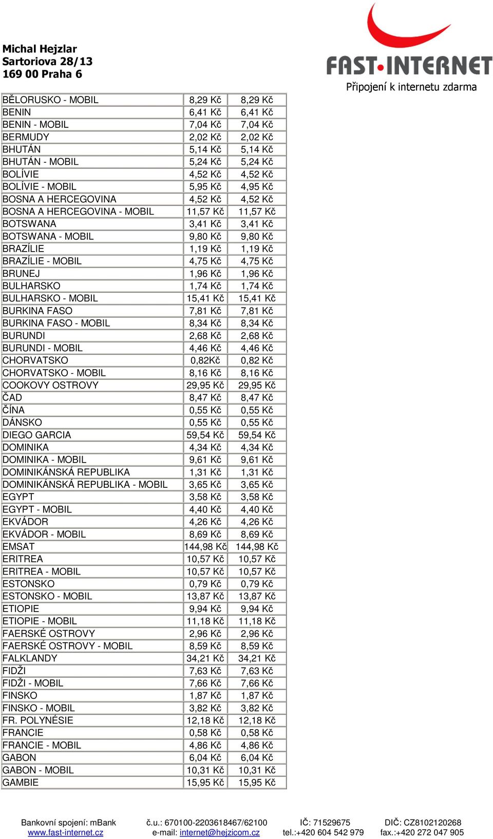 MOBIL 4,75 Kč 4,75 Kč BRUNEJ 1,96 Kč 1,96 Kč BULHARSKO 1,74 Kč 1,74 Kč BULHARSKO - MOBIL 15,41 Kč 15,41 Kč BURKINA FASO 7,81 Kč 7,81 Kč BURKINA FASO - MOBIL 8,34 Kč 8,34 Kč BURUNDI 2,68 Kč 2,68 Kč