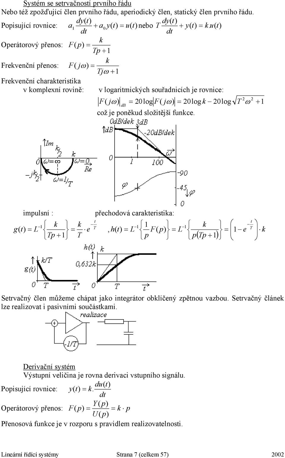 složiější funkce. imulsní : k g L T k T e T řechodová carakerisika:, h L F L k T e T k Servačný člen můžeme cháa jako inegráor obklíčený zěnou vazbou.