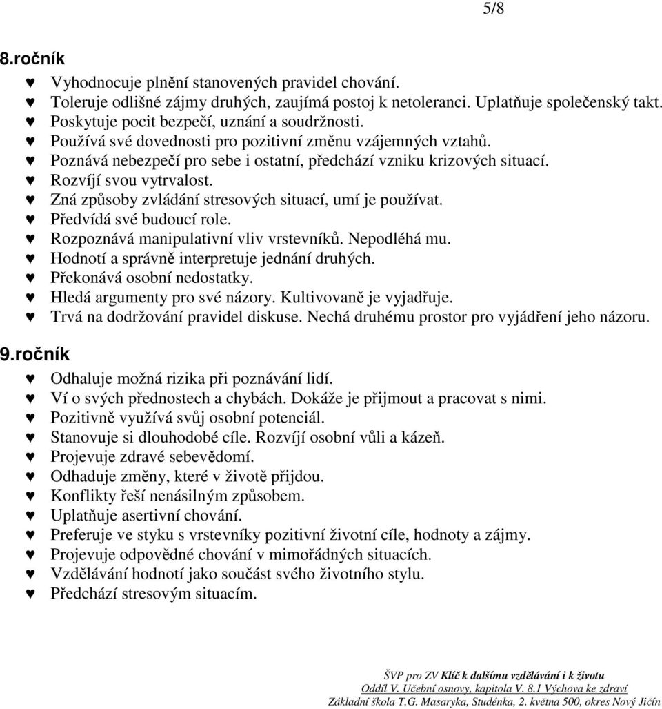 Zná způsoby zvládání stresových situací, umí je používat. Předvídá své budoucí role. Rozpoznává manipulativní vliv vrstevníků. Nepodléhá mu. Hodnotí a správně interpretuje jednání druhých.