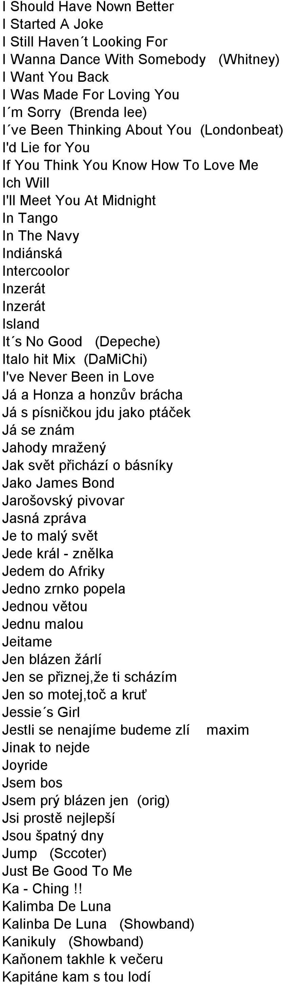 hit Mix (DaMiChi) I've Never Been in Love Já a Honza a honzův brácha Já s písničkou jdu jako ptáček Já se znám Jahody mražený Jak svět přichází o básníky Jako James Bond Jarošovský pivovar Jasná