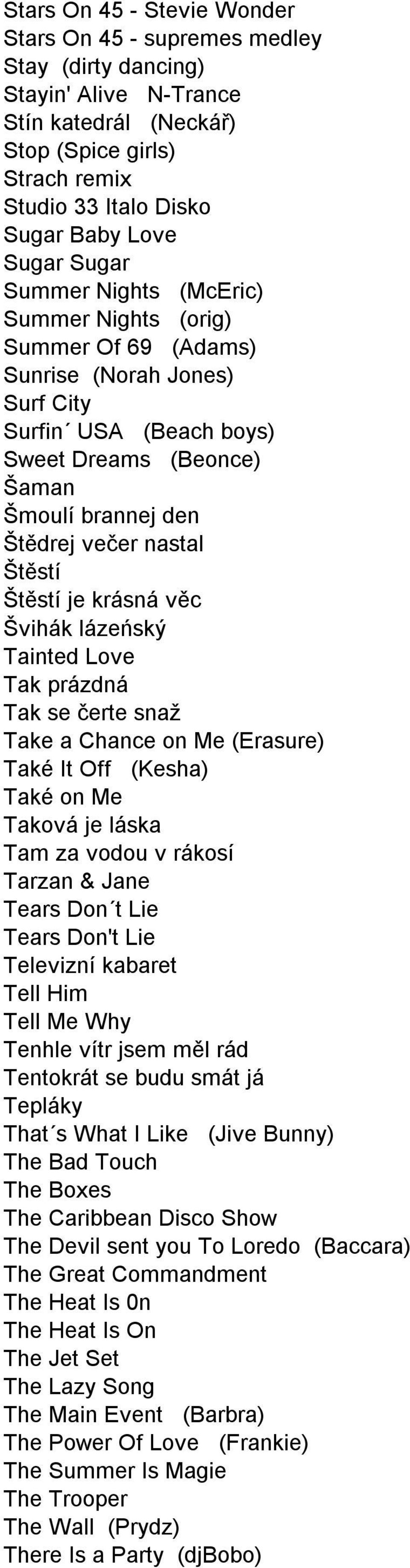 nastal Štěstí Štěstí je krásná věc Švihák lázeńský Tainted Love Tak prázdná Tak se čerte snaž Take a Chance on Me (Erasure) Také It Off (Kesha) Také on Me Taková je láska Tam za vodou v rákosí Tarzan