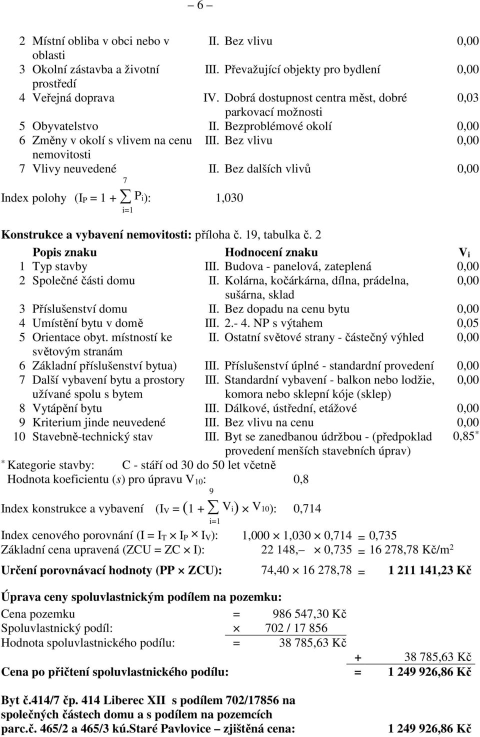 Bez dalších vlivů 0,00 7 Index polohy (I P = 1 + P i): 1,030 i=1 Konstrukce a vybavení nemovitosti: příloha č. 19, tabulka č. 2 Popis znaku Hodnocení znaku V i 1 Typ stavby III.